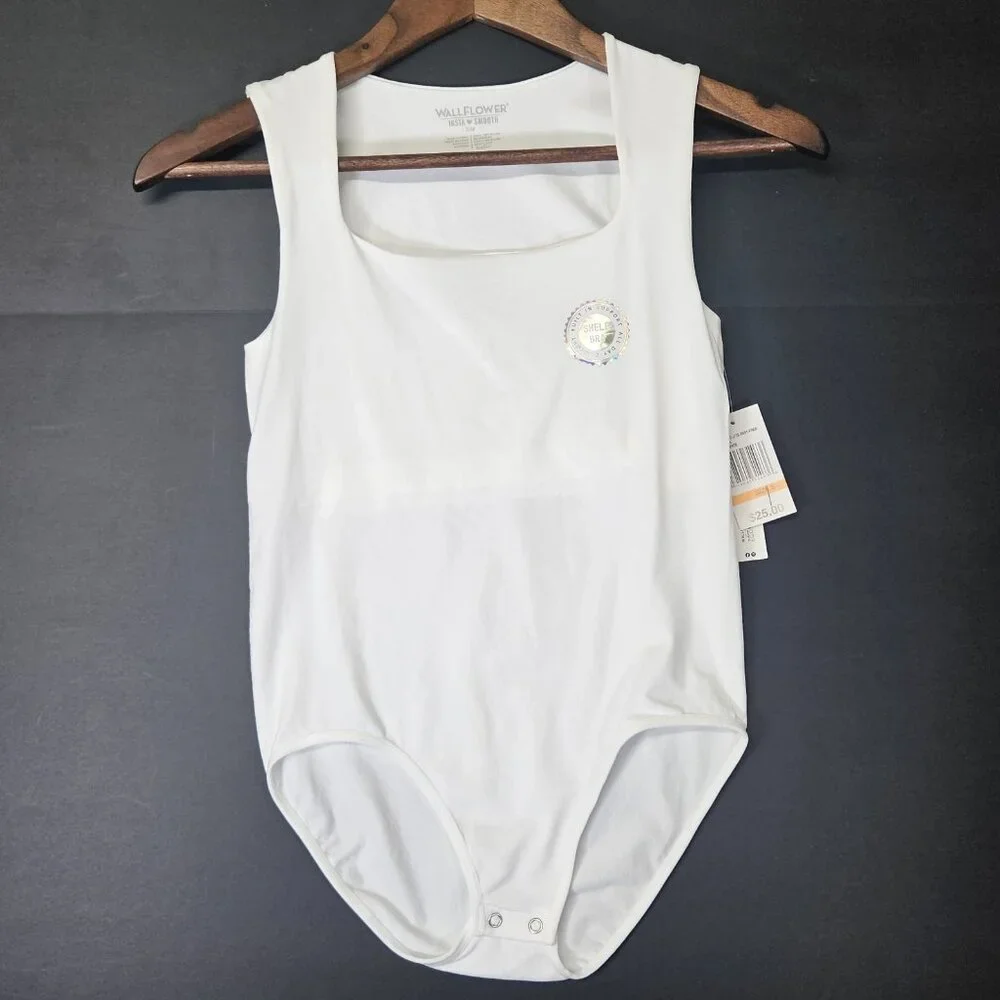 WallFlower Women's Sz S/M White Bodysuit Snap Button Square Neck W/ Inner Suppor